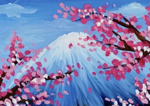 水粉画 | 富士山下樱花开